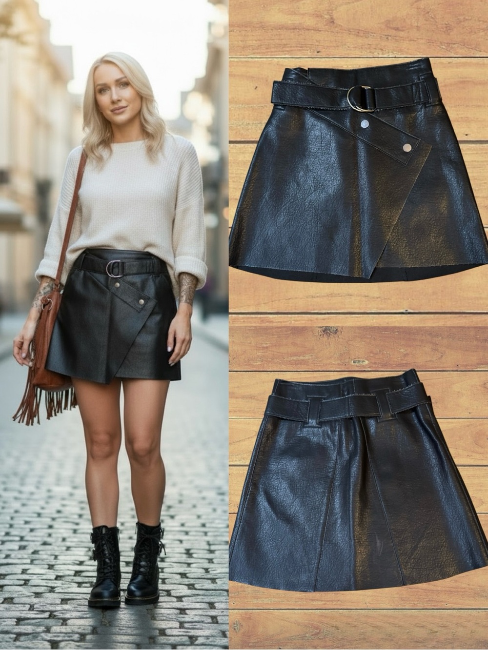 ZARA Asymmetric Faux Leather Mini Skirt Belted Black Wrap Snap Front XS